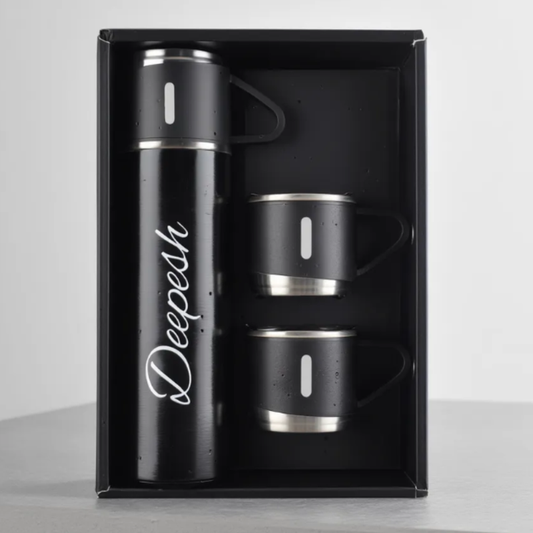 Personalized Double Wall Vacuum Insulated Flask Set – 500ml Stainless Steel Bottle with 2 Cups | Leak-Proof, Hot & Cold Thermos for Travel, Office & Gifting (Random Color)