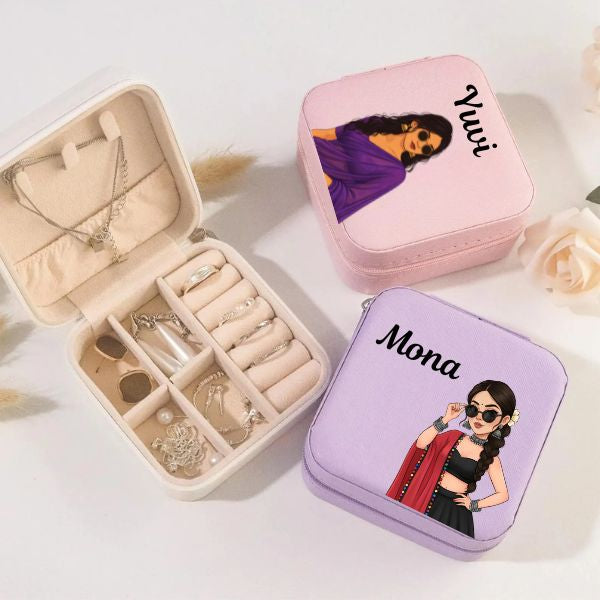 Personalized Ethnic Illustration Travel Jewelry Organizer with Name – Custom Jewelry Box Case with Traditional Indian Women Artwork | Gift for Women & Girls (Random Box)