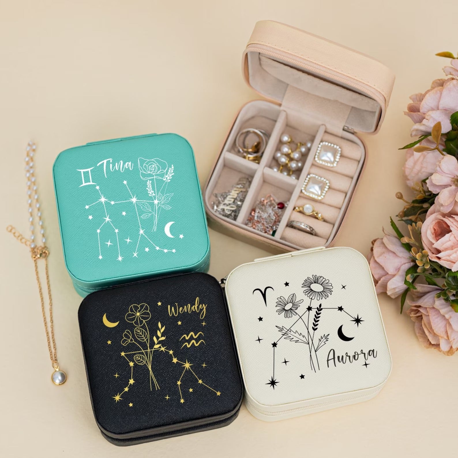 Customized Birth Zodiac Sign Flower Jewellery Box, Leather Jewelry Travel Box, Floral Zodiac Sign Jewellery Organizer ,Birthday Gift, Mom Jewellery Case