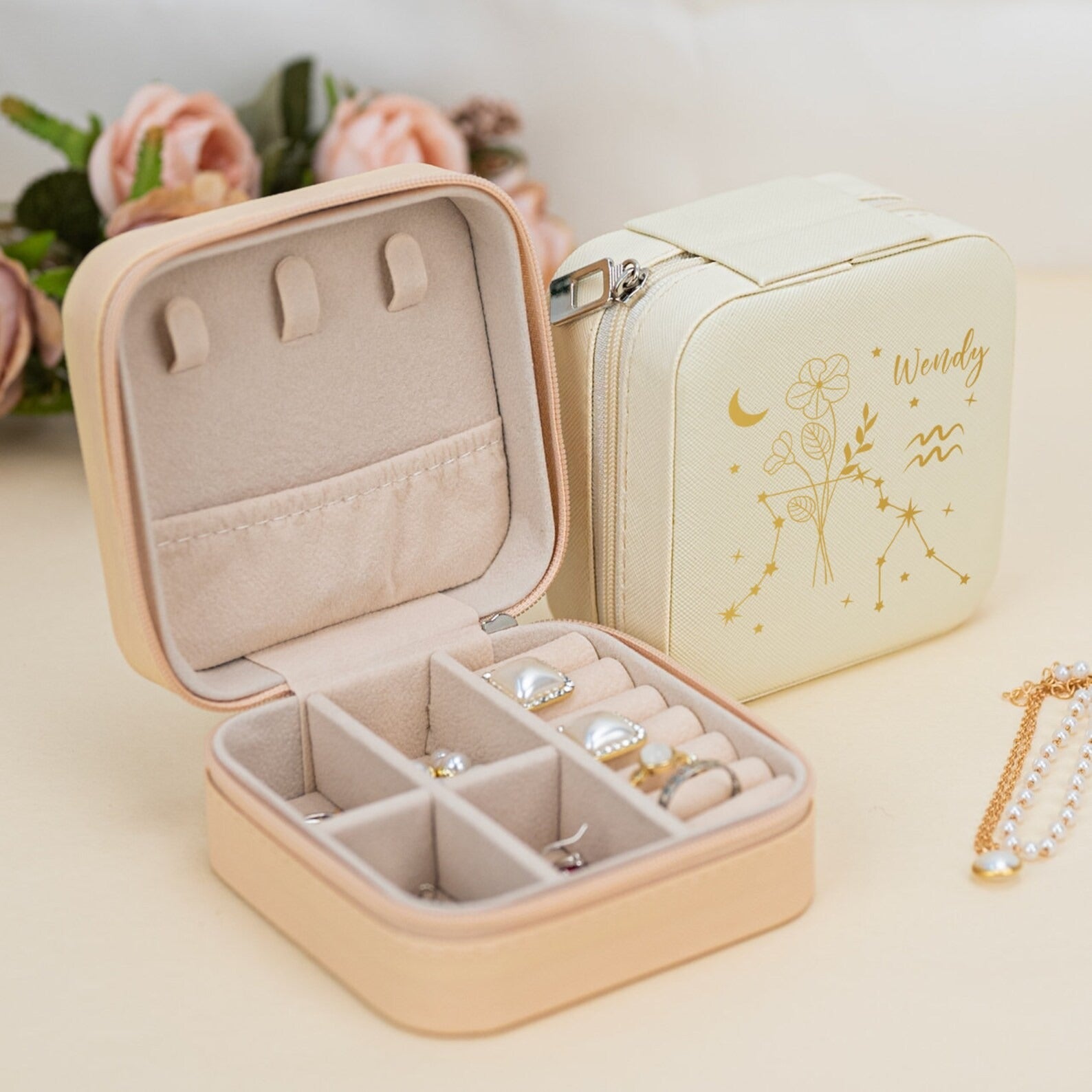 Customized Birth Zodiac Sign Flower Jewellery Box, Leather Jewelry Travel Box, Floral Zodiac Sign Jewellery Organizer ,Birthday Gift, Mom Jewellery Case