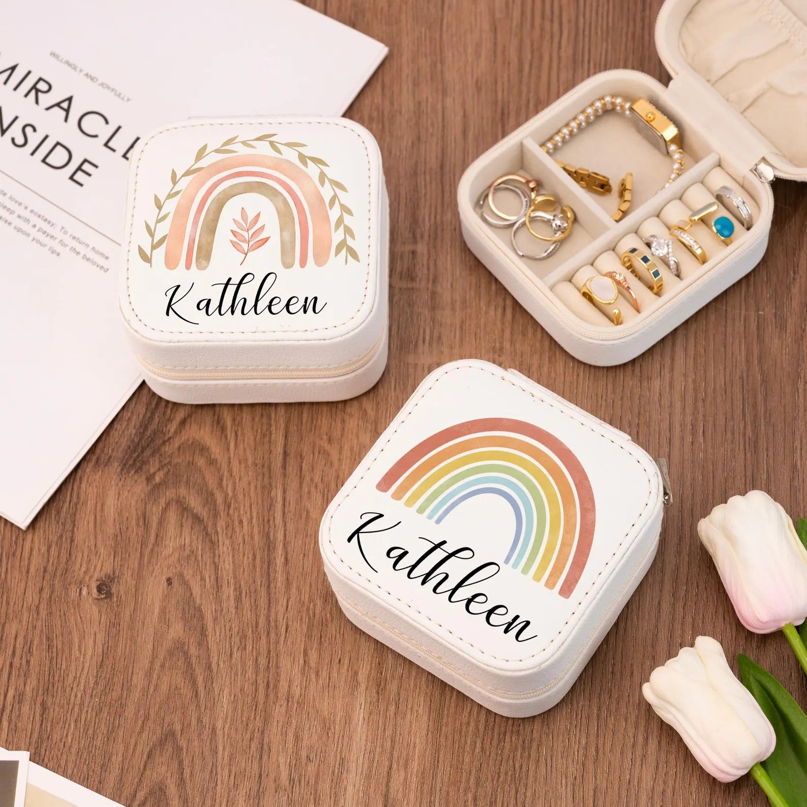 Personalized Name Jewelry Box,Rainbow Leather Jewelry Case,Travel Jewelry Box,Bridesmaid Proposal,Holiday Gift For Girl,Women Birthday Gift
