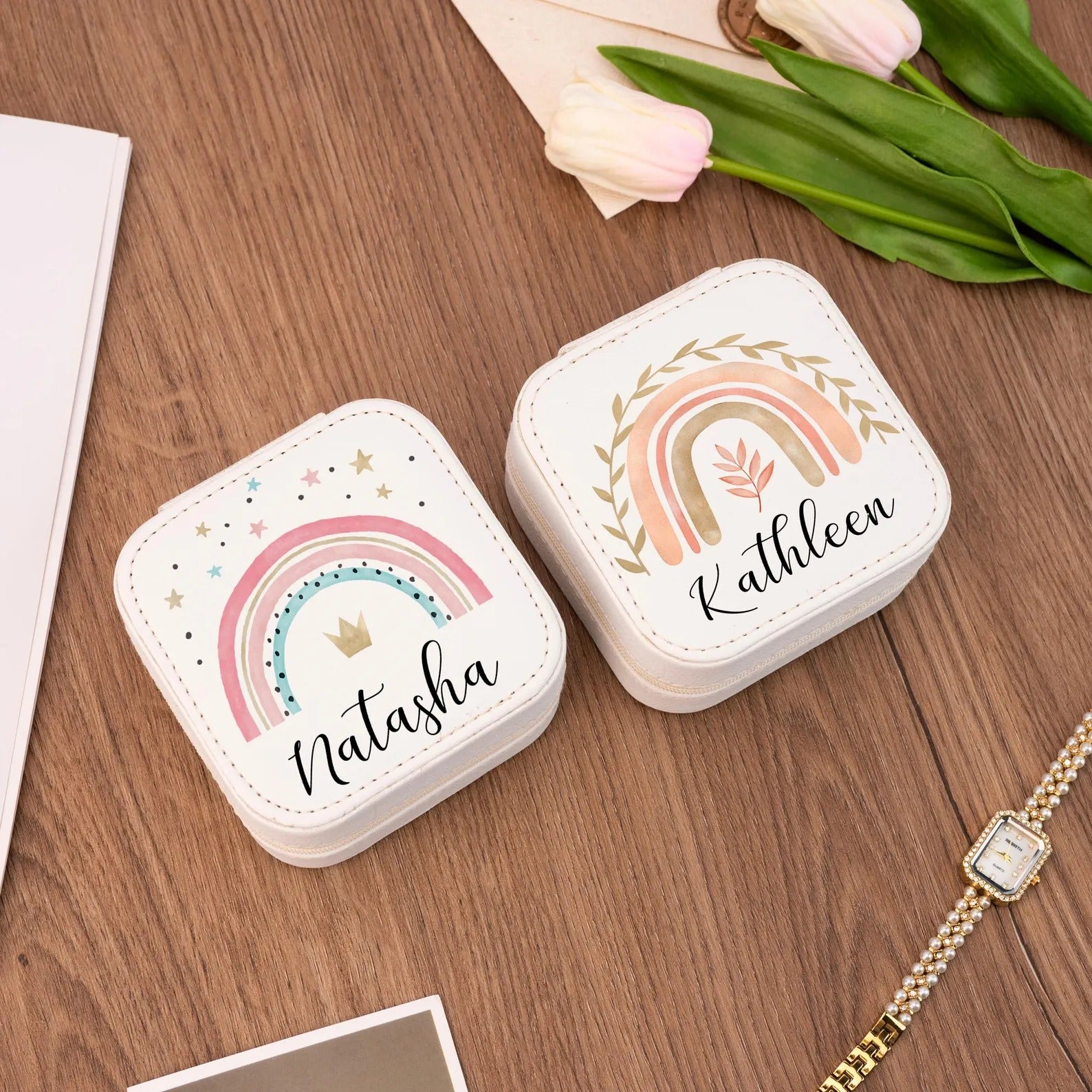 Personalized Name Jewelry Box,Rainbow Leather Jewelry Case,Travel Jewelry Box,Bridesmaid Proposal,Holiday Gift For Girl,Women Birthday Gift