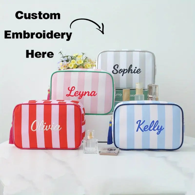 Custom Striped Tassel Makeup Bag - Personalized Name Zipper Closure, Lightweight Durable Polyester Travel Toiletry Organizer for Women, Multiple Colors Available - High-Quality Customized, Daily Style Cosmetic Pouch