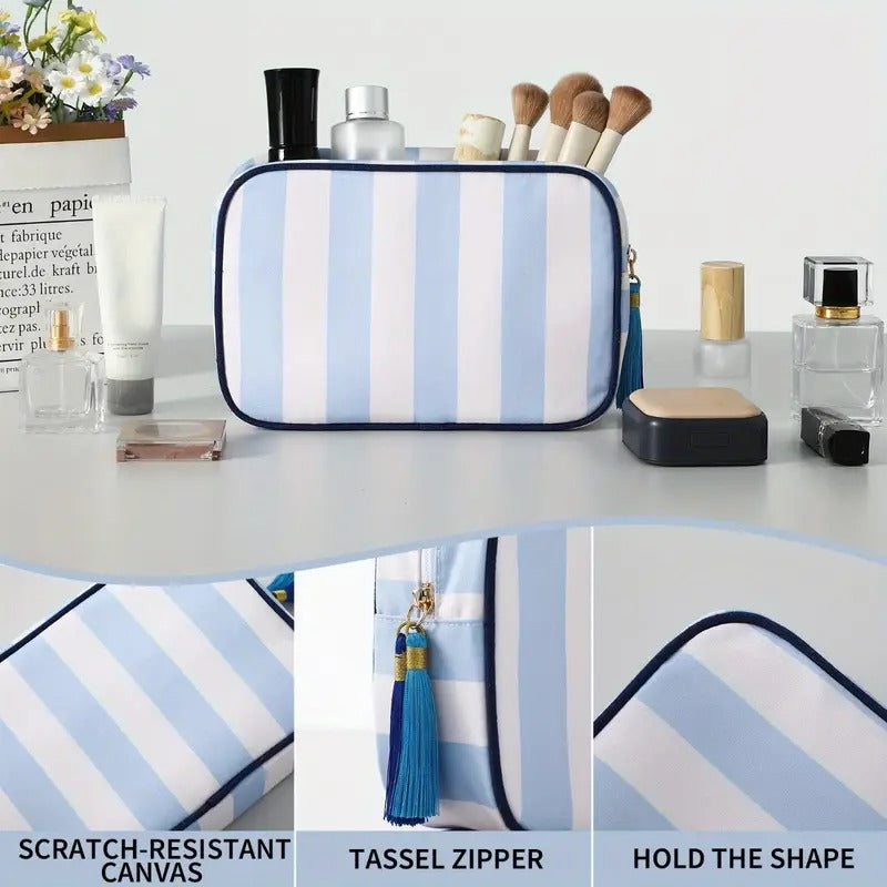 Custom Striped Tassel Makeup Bag - Personalized Name Zipper Closure, Lightweight Durable Polyester Travel Toiletry Organizer for Women, Multiple Colors Available - High-Quality Customized, Daily Style Cosmetic Pouch