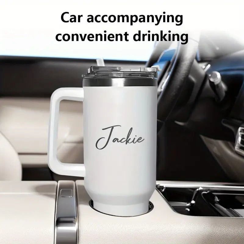 1Pc Personalized 40oz Stainless Steel Cup with Handle & Straw - Custom Name Engraved, Travel Coffee Mug, Ideal for Birthdays, Mother'S Day, Father'S Day, Graduation - Reusable, Hand Wash Only, Personalized Drinkware