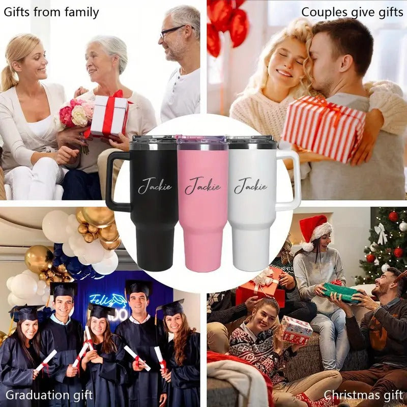 1Pc Personalized 40oz Stainless Steel Cup with Handle & Straw - Custom Name Engraved, Travel Coffee Mug, Ideal for Birthdays, Mother'S Day, Father'S Day, Graduation - Reusable, Hand Wash Only, Personalized Drinkware