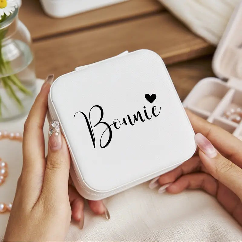 Personalized Jewelry Box with Custom Name & Heart - Elegant White Bridesmaid Gift Box with Zipper Closure | Custom Name & Heart Design Jewelry Organizer, Jewelry Boxes